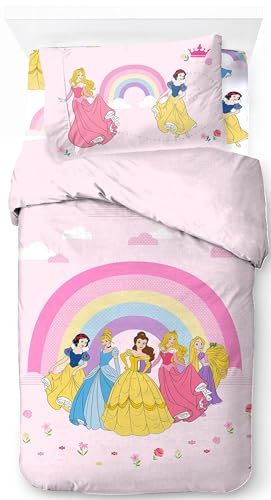 Jay Franco Disney Princess Rainbow 100% Cotton 3 piece Single Bedding Set - Includes Duvet Cover, Fitted Sheet & Pillowcase