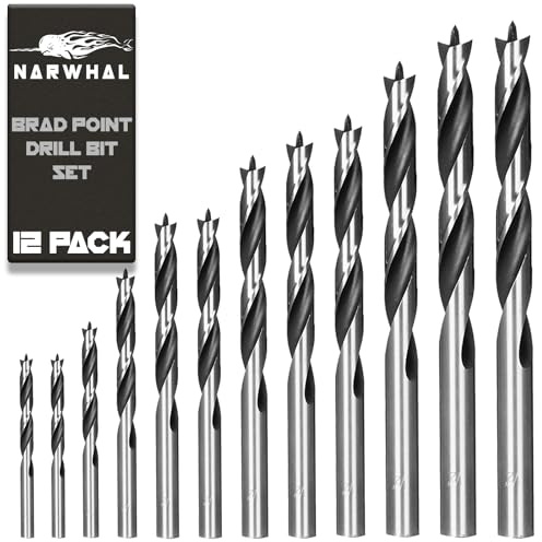 Narwhal Brad Point Wood Drill Bit Set (12 Pack with Storage Case - 1/8 to 1/2) Carpenters Quality - Woodworking Bits for All Types of Woods