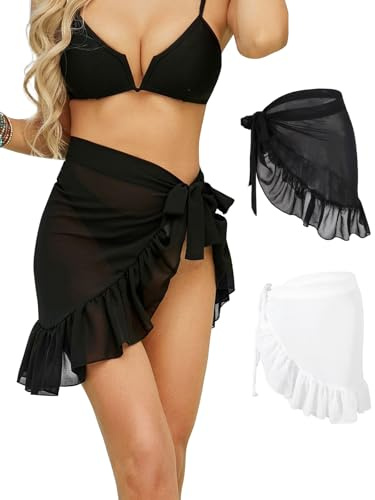 Monbessi 2 PCS Sarong Beachwear Chiffon Translucent Beach Skirts for Women Beach Cover Up Pareo Lace-up(Black Short + White Short)