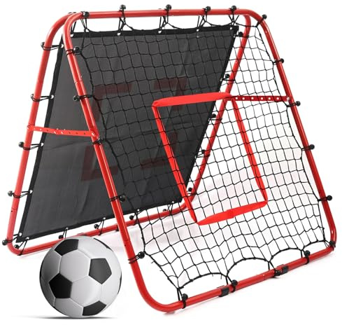 Double-Sided Football Rebounder Net, Adjustable Goal in 5 Levels, Rebound Net with Goal Kickback Target for Kids Soccer Training, Portable Football Goals for Garden Outdoor, 100 x 100 cm Red