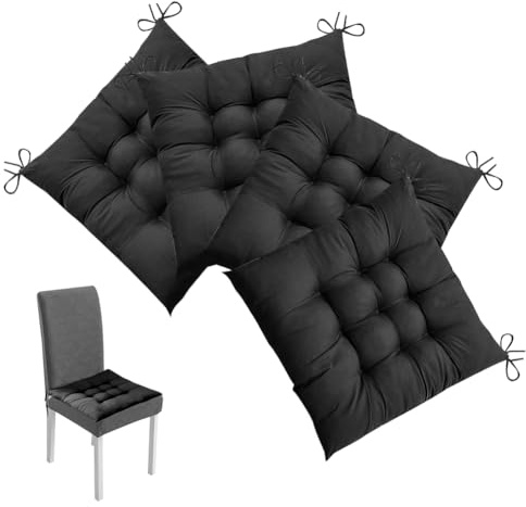 LOMUG Stuhlkissen 4er Set, 40x40 cm Sitzkissen mit Bändern, Sitzpolster Stuhl Esszimmerstuhl Sitzauflage Stuhl Waschbare Stuhlauflage für Bürostuhl Gartenstuhl Sitzpolster Indoor Outdoor, Schwarz