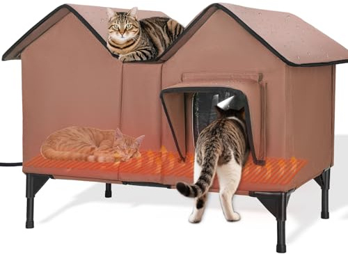 Heated Cat House, Widened and Enlarged Outdoor Cat House Waterproof with Two Escape Doors and Heating Pad, Elevated Insulated Winter House, Sturdy Outdoor Cat Shelter for Multiple Cats Dogs (Brown)