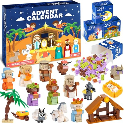 Calendario de Adviento de la Natividad 2025, Set de Escena de la Natividad de 24 Días, Regalo de Sorpresas Navideñas, Set de Bloques Religiosos Cristianos, Juguetes Relleno de Media de Calendario de