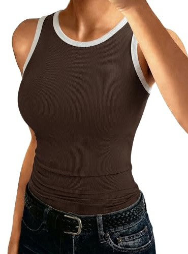 Aottori Canotta Costine Donna Girocollo Canottiera in Maglia Attillata Basic Top Elasticizzato Magliette Senza Maniche Tank Tops a Contrasto Marrone XL