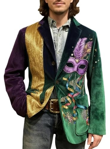 FOCLMP Mens Mardi Gras Jackets Corduroy Holiday Carnival Party Blazer Formal Office Funny Graphic Shawl Lapel Sport Coats Mens Traditional Mardi gras Outfit Purple L