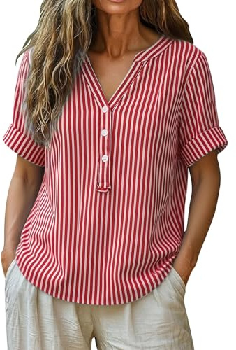 Camiseta a rayas para mujer, cuello en V, muselina, blusa de algodón y lino, blusa de lino, talla grande, informal, verano, camiseta de lino, túnica, blusa ligera y aireada para el día a día