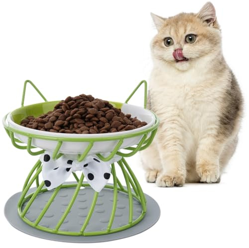 Elevated Cat Bowl with Mat, Ceramic Cat Food Dish, Anti-Vomiting Raised Plate, Cat Ear Shape, Shallow Wide Design, Pet Feeding Station