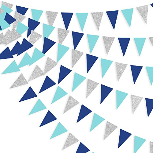 30 Ft Navy Silver Blue Party Decorations Pennant Banner Triangle Flag Royal Blue Silver Hanging Paper Bunting Garland for Birthday Baby Shower Wedding Ahoy Achor Nautical Pirate Theme Party Supplies
