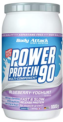 Body Attack Power Protein 90, Mirtillo-Yoghurt, 1 kg, 5K proteine in polvere con proteine del siero di latte, L-carnitina e BCAA per la costruzione muscolare e il fitness