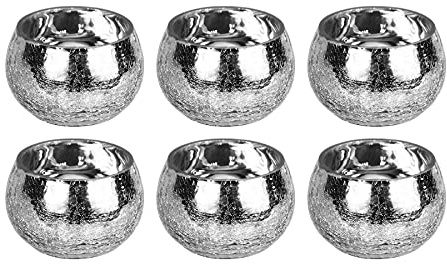Lucenté Mercury Silver Crackled Glass Candle Tealight Holders - Set of 6-6cm (H) x 8.8cm (Dia)