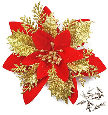 GL-Turelfies Lot de 12 fleurs de Noël à paillettes (15 cm) avec 12 poinsettia artificielles pour sapin de Noël