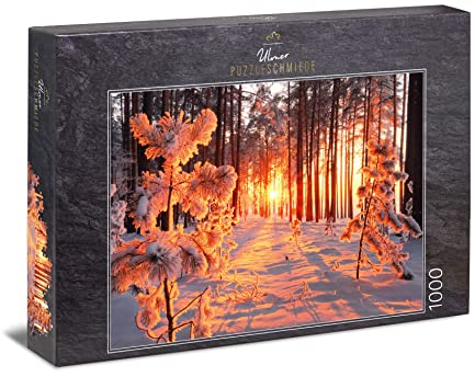 Ulmer Puzzleschmiede - Puzzle „Wintersonne“ - Klassisches 1000 Teile Jahreszeiten-Puzzle - Schnee-Landschaft in unserer Heimat - warme Sonnenstrahlen, Licht & Schatten im kalten Winter-Wald