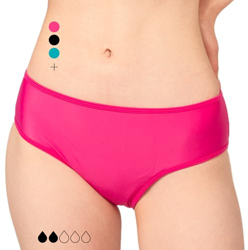 Period Swimwear - Black Menstrual Leakproof Bikini Bottoms - Mid Waisted Swim Bottoms for Teens, Girls, Women, Fuschia Pink, 2XS