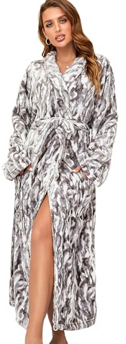 RONGTAI Fleece Robes for Women Plush Soft Warm Long Bathrobe with Pockets (Medium,Gray Rabbit)