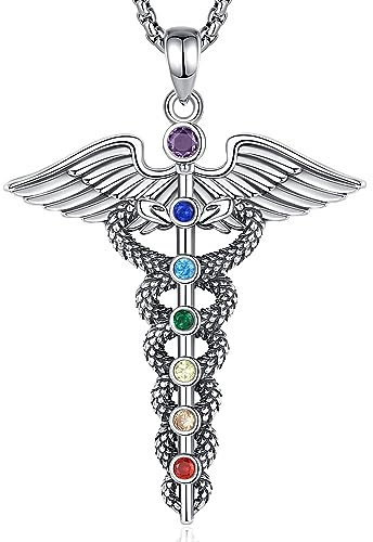 EUDORA Harmony Ball Collier Caducée en Argent Sterling 925 pour Femme Homme, Symbole Médical Tige d'Asclépios Pendentif Protecteur Ailes d'Ange Bijoux Amulette Cadeau pour Médecin Infirmière, 20 + 2