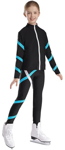 HULIJA Mädchen Sport Kleidung Set Langarm Eiskunstklauf Jacke mit Reißverschluss + Eislaufhose Eiskunstlauf Anzug Trainingsanzug Gymnastik A Blau Grün 146-152