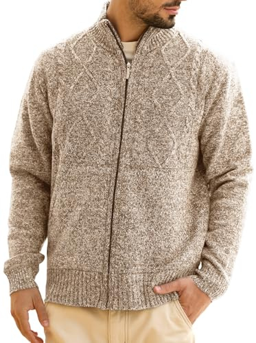 Hommes Cardigan Veste en Maille Grosse Tricoté avec Col Debout Décontractée Ouvrez-Front Zippé Gilet Automne Hiver Chaud Pulls en Sweat Beige XXL