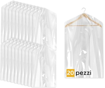 20 Custodie per Abiti 60x90cm Trasparenti - Sacchetti Vestiti Armadio Antipolvere per Tintorie, Giacche e Camicie