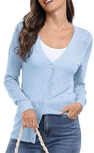 GRECERELLE Cardigan da donna, elegante, leggero, sottile, estivo, con bottoni, da spiaggia, Azzurro, L