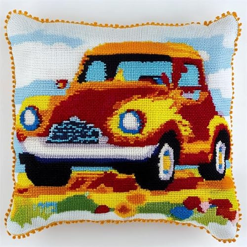 Kit di Ganci a Chiusura per Cuscino,Auto dei cartoni animati,DIY Cuscini Artigianali Kit Ricamare Cuscini Federa per Cuscino per Divano per Adulti,43x43cm