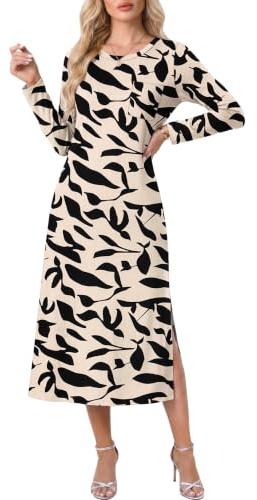 AUSELILY Robe midi décontractée Manches Longues Fente Automne pour Femme | Design à Col Rond et Coupe Décontractée,Fente Latérale,Tissu Doux et Extensible,Idéal Pour Les Tenues d'automne et D'hiver