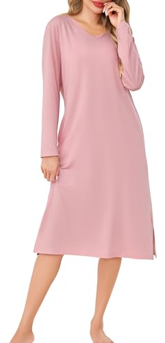 Wikoan Camicie da Notte da Donna Cotone Camicie da Notte con Scollo a V Camicia da Notte a Maniche Lunghe con Tasche,Rosa Carne,3XL