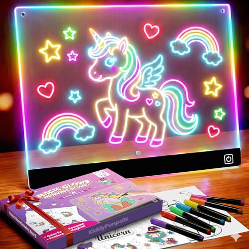 LED Drawing Board for Girls, Kids, 9.8x7.9 7 Colors DIY Doodle Glow Note Board with 7 Pens, 10 Tracing Sheets - Unicorn Toys Gifts, Brithday Gift for Girl 4 5 6 7 8 9 Year Old, Light Up Pad Art Kit