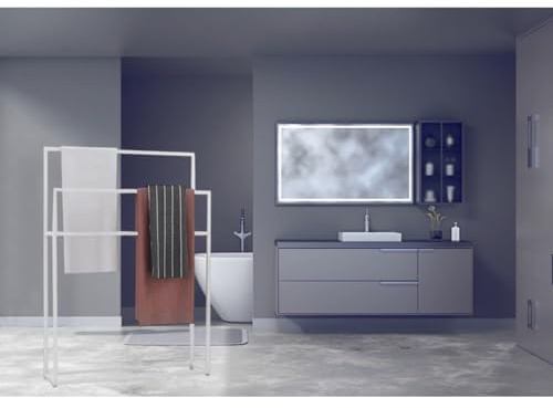 Toallero de pie, moderno soporte de metal de 2 niveles para toallas de baño y de mano, diseño independiente, elegante acabado blanco (65 x 20 x 110 cm)