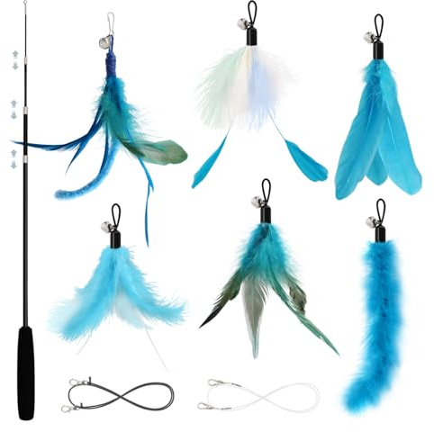 SONGWAY Cat Wand Toys for Indoor Cats - Cat Toy Set with Retractable Teaser Wand and 6 PCS Fairy Feather Toy Refills, Dragonfly Tassel Plush Cat Toys Interactive, Blue