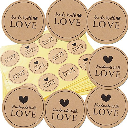 300 Stück Kraftpapier Aufkleber Made With Love Sticker Aufkleber Etiketten Rund Selbstklebend Vintag Geschenkaufkleber Geschenksticker für Backen Geschenktüten Hochzeit Thanksgiving