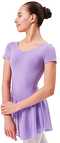 tanzmuster Ballettkleid Mädchen Kurzarm - Lucy - weiche Baumwolle - Chiffon Röckchen - Ballett Trikot für Kinder - lavendel 164/170