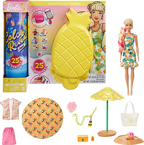 Barbie GTN17 - Color Reveal Foam Reveal Pineapple, Schaumspaß! Puppe & Tier, 25 Überraschungen: Seifenblasenlösung, Moden, Haarverlängerung, Zubehör, Armband, Geschenk für Kinder ab 3 Jahren