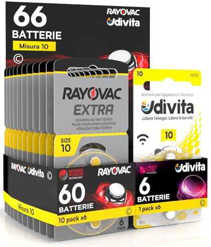66 Baterías para Audífonos Medida 10 PR70 Amarillas Zinc Aire Phono Pulse Technology en 11 Blíster de 6 Pilas 66 Baterías 60 Rayovac + 6 Udivita