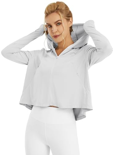G4Free Women Rash Guard Long Sleeve UV Sun Protection Jacket Workout Tops Zipper Pockets Lightweight Hiking Outdoor(Gray,M)