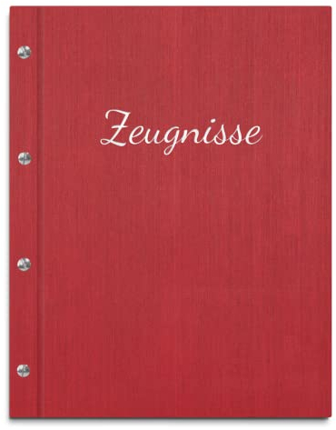 Handgefertigte Zeugnismappe im roten Einband in Leinenoptik mit Prägedruck in verschiedenen Farben – inkl. 12 Klarsichthüllen