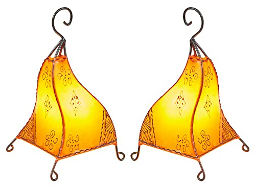 2er SET Orientalische Tischlampe Marrakesch 35cm Lederlampe Hennalampe Lampe | Marokkanische kleine Nachttischlampe aus Metall Lampenschirm aus Leder | Zwei Tischlampen Farbe Orange (2 Stück)