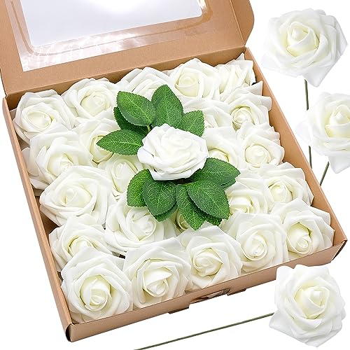 Bakiauli 25 Stück Künstliche Rosen, Weiß Boxed Set Rosen Blumen Schaumrosen, Rosen Deko für Tortendeko Hochzeit Blumenarrangements Geburtstagsdeko