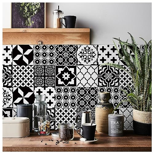 24 autocollants de 10 × 10 cm pour carrelage pour cuisine et salle de bain, noir et blanc, écailles de poisson, autocollants de carrelage 3D, imperméables, résistants à l’huile, autocollants muraux
