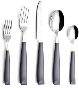 ANNOVA Juego de cubiertos de acero inoxidable con mango colorido, utensilios de cocina, incluye cuchillos de cena, tenedores, cucharas, tenedores de ensalada y cucharas de postre (gris, 20 piezas)