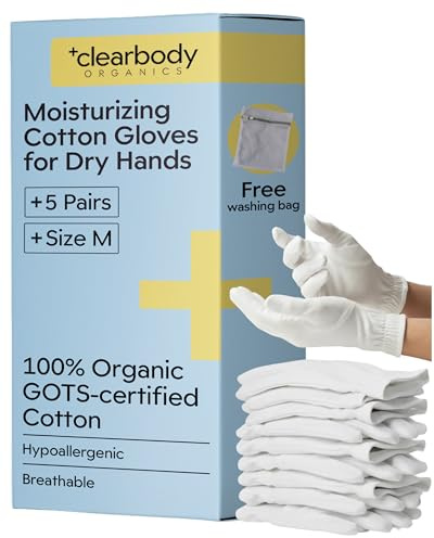 Clearbody Organics 100% Organic Cotton Gloves for Dry Hands Sleeping - Breathable Cotton for Eczema - Moisturizing Gloves Overnight (5 Pairs, Size M)