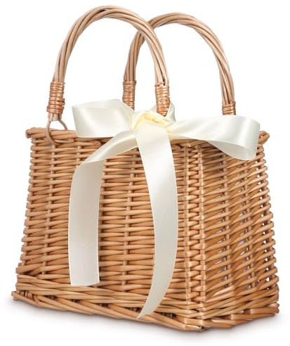 ABOOFAN Wicker Handbag Woven Rattan Storage Basket Top Handles Wedding Flower Girl Baskets Boho Style Beach Bag Straw Tote Retro Summer Clutch Beach Basket Purse White