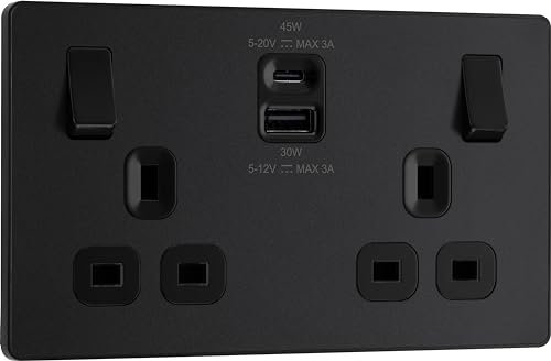 BG Electrical 45W Double Switched Power Wall Plug Socket with Super Fast Charge Type A and Type C USB Charging Ports, Evolve, Matt Black, 13A, PCDMB22UAC45B