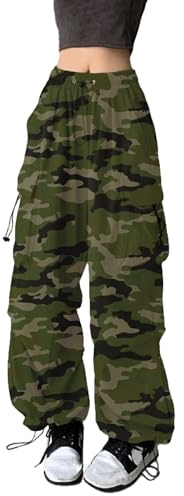XKBHYD Womens Parachute Pants Y2K Baggy Cargo Gothic Elastic Waist Harem Pants Cargo Pockets Grunge Punk Trousers Camouflage
