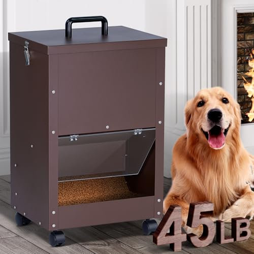 Automatic Dog Feeder Large Breed 30lb Outdoor Dog Food Dispenser for Large Dogs Self Feeding Galvanized Metal Dogs Pets Feeder Gravity Food Feed with Wheels (Brown)