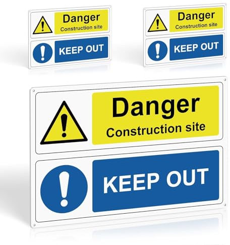 3Pcs Danger Construction Site Keep Out Signs - Safety Warning Sign Set, 300x200mm, 1mm PVC Rigid Plastic, 4 Pre-Drilled Holes and Self-adhesive Backing