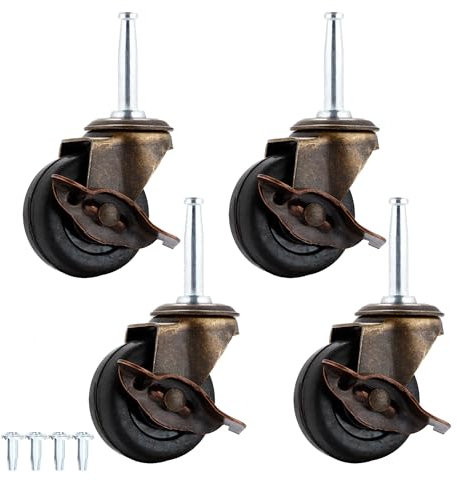 Antique Brass Casters Wheels 5/16 x 1-1/2 (8 x 38mm) Rubber Stem Casters Vintage Furniture Roller Casters (2.0 Inch Antique Caster with Brake)