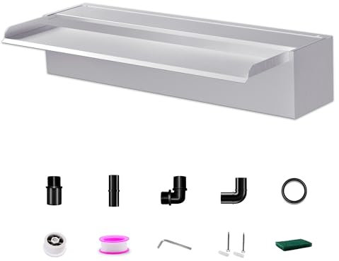 LONGRUNNEW 60 cm de acero inoxidable estanque cascada hoja conjunto, 12,2 cm de ancho de acero inoxidable estanque fuente con accesorios, diseño de entrada doble para jardín cubierta estanque terraza