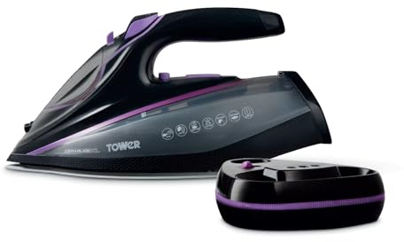 Tower T22036LIL Plancha de vapor inalámbrica con tecnología One Temp y suela de cerámica XL, funciones antigoteo y anticalc, tanque de agua de 350 ml, 3100 W, lila y negro