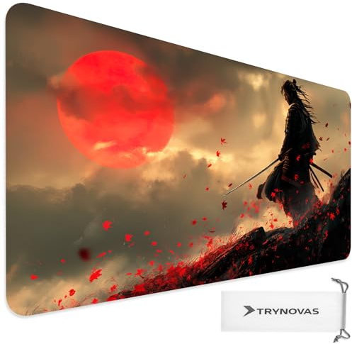 TRYNOVAS Tappetino Mouse XL 80×30 cm (3mm) – Samurai Sole Rosso, Arte Giapponese Minimal – Desk Pad Gaming Antiscivolo, Bordi Cuciti, Tappetino Scrivania per PC