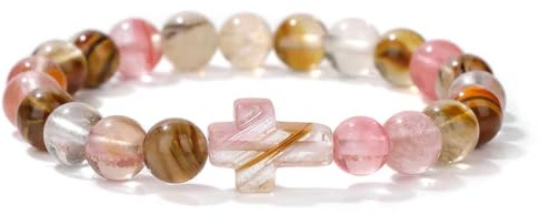 CYDXD Bracelet Croix en Pierre Naturelle,Perle Rose-Marron de 8mm Avec Breloque Croix,Bracelets de Perles Faits Main pour Hommes et Femmes,Cadeaux Chrétiens de Jésus 8mm